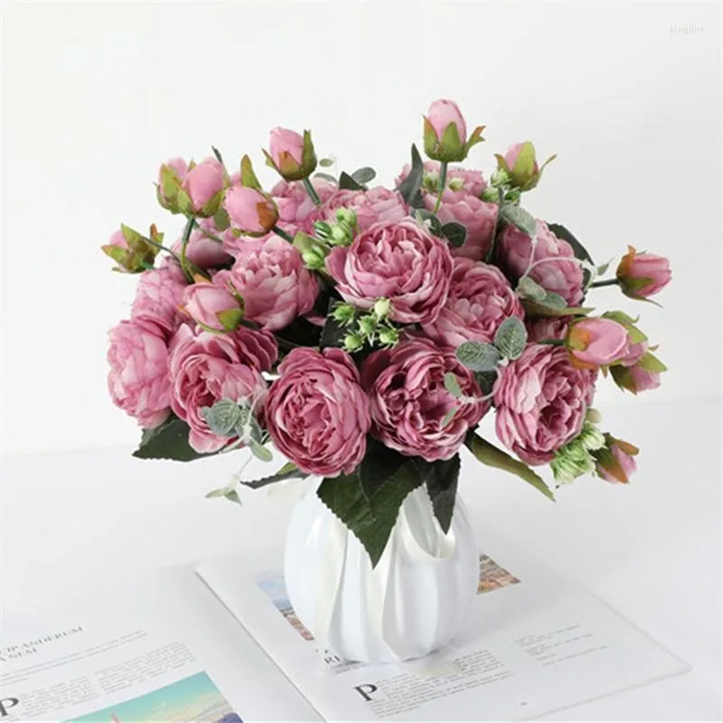 Fleurs décoratives Roses artificielles 5 grosse tête 4 bourgeon noyau soie pivoine Simulation Fower Bouquet pour la maison mariage intérieur