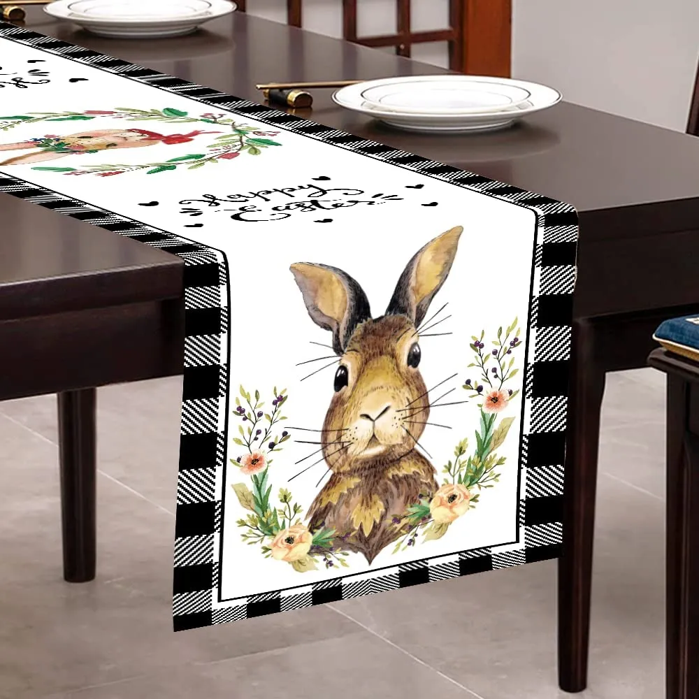 35*180cm Polyster Buffalo Plaid Easter Table Runner Classic Black White Checker Rabbit Flower Tablecloth for Spring Easter Party