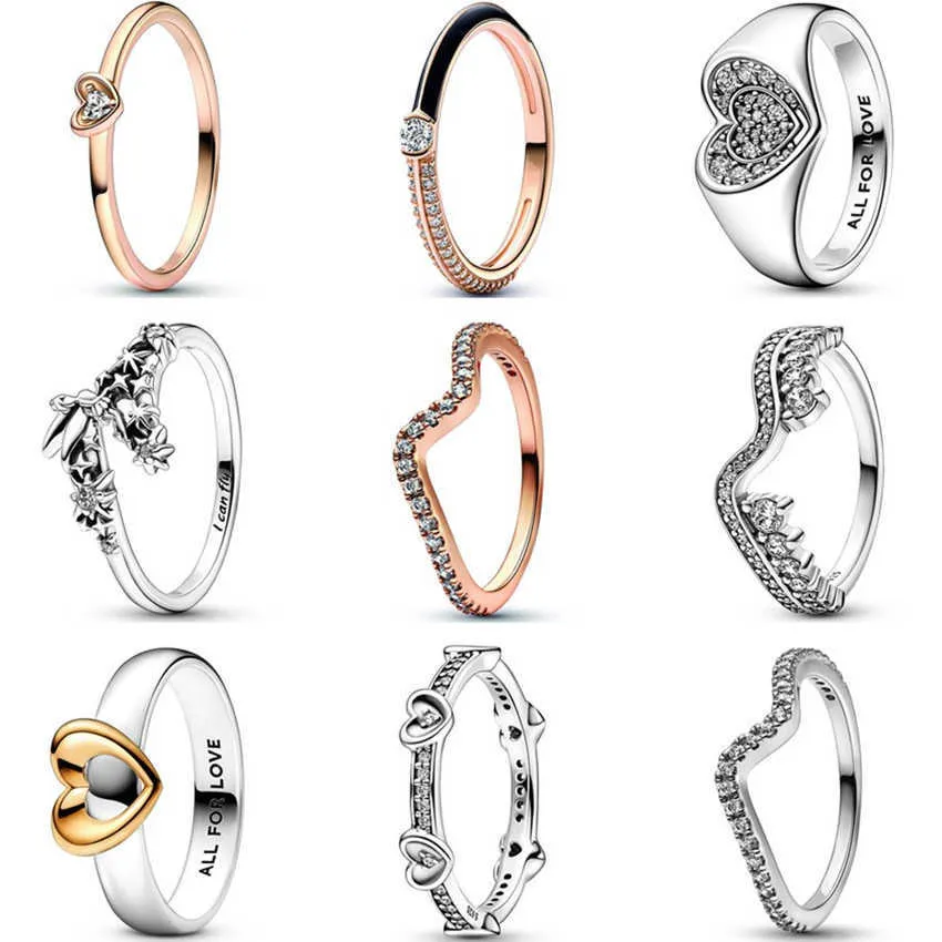 Band Rings Original Radiant Two-tone Sliding Heart Signet Wave Pave Black Dual Ring For 925 Sterling Silver Wedding Fashion Jewelry G230327