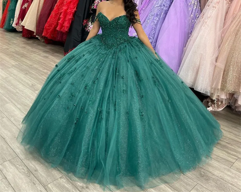 Quinceanera Vestidos Princesa Verde lantejous Sweetheart Beding Apliques Ball vestido de baile com tule plus size sweet 16 estreante festa de estreia Vestidos de 15 Anos 71