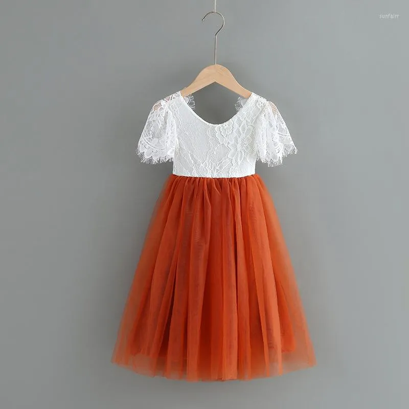 Girl Dresses Bohemian Designer Girls Flutter Sleeve Long Tulle Dress For Kids Burnt Orange Open Back Flower Bridesmaid Costume Vestido