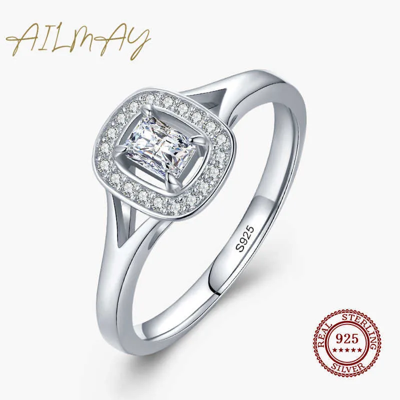 Bandringar Ailmay Fashion 925 Sterling Silver Rectangle Hollow Cubic Zirconia Rings for Women Romantic Engagement Anniversary Fine Jewelry Z0327