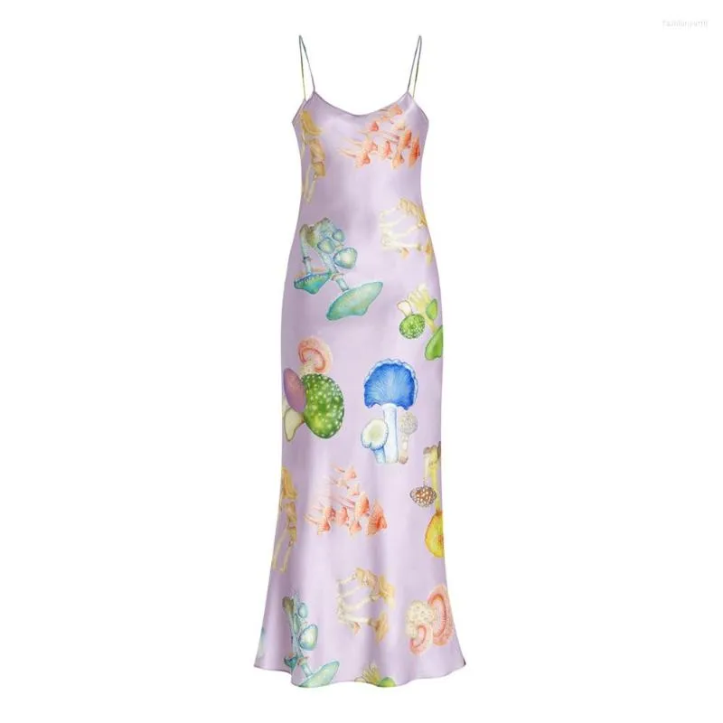 Casual Dresses Women Mushroom Print Slip Dress Woman Summer Spaghetti Strap V Neck Long Elegant Sleeveless Backless Sling 2023