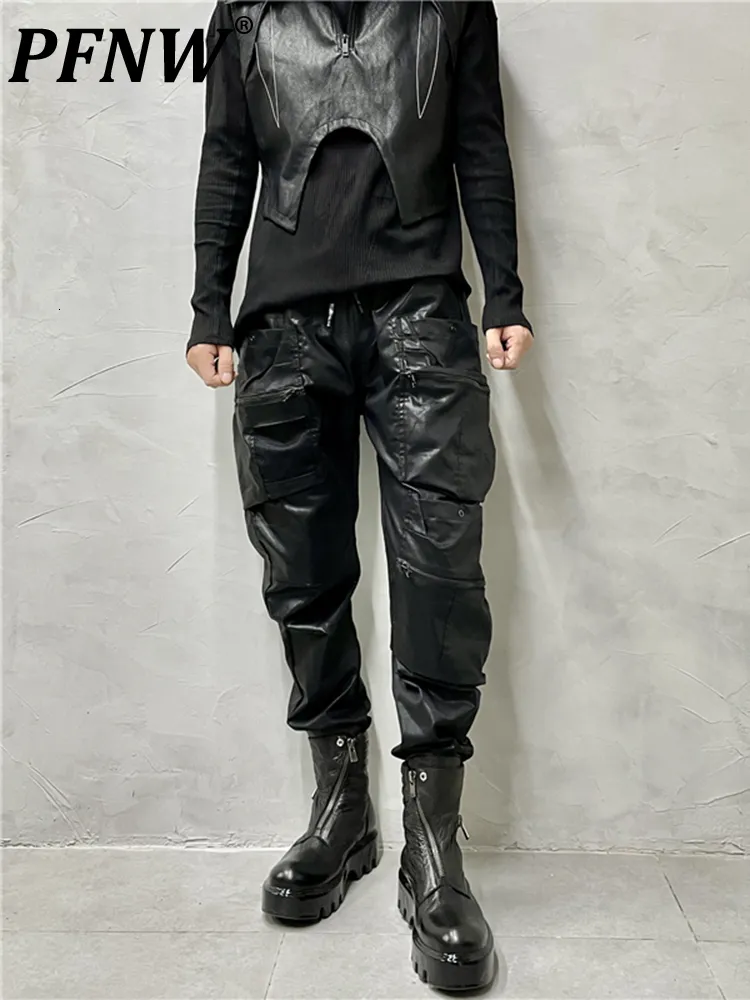 Herrenhosen PFNW Dark Retro Waxed Dyed Pockets Spliced Personalized Leather Cargo Pants Trend Functional Workwear Fashion 12A5756 230327