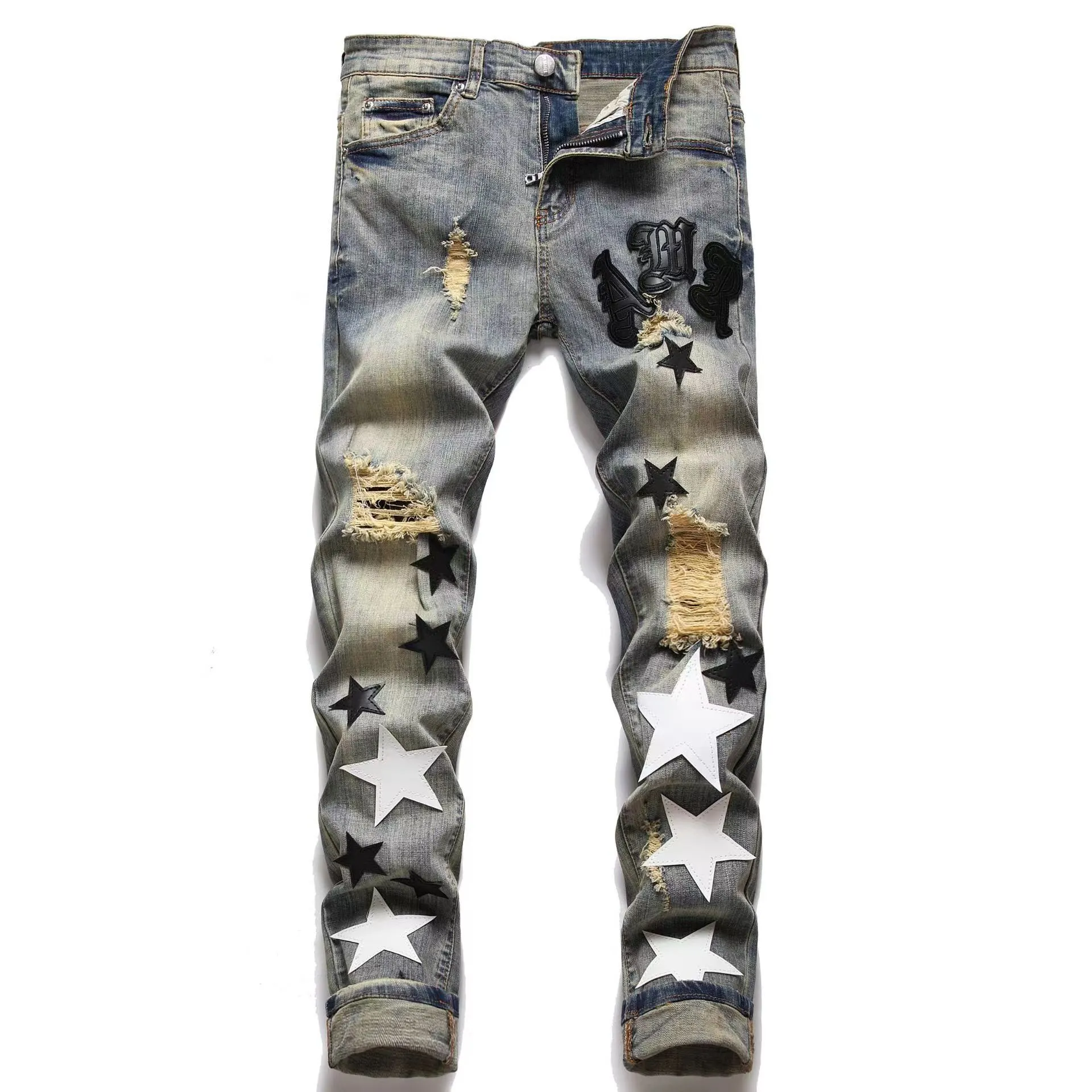 Jeans da uomo Amirs Designer Jeans da uomo High Street Hole Star Patch Pantaloni da donna con pannello ricamato Amirs Star Pantaloni slim fit elasticizzati Taglia 29/30/31/32/33/34/36/38/40/42 K1