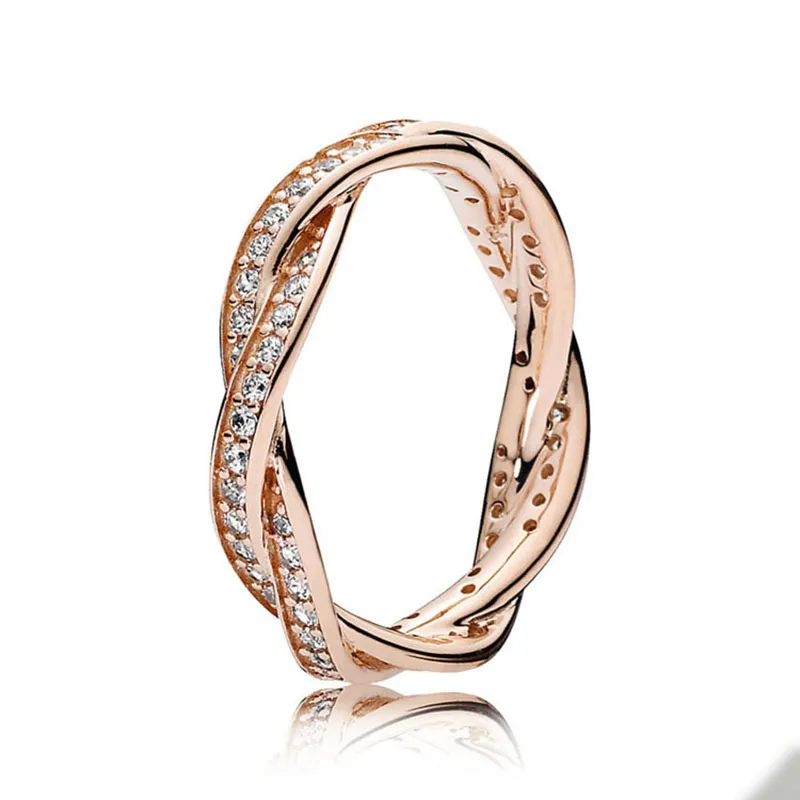 Rose Gold Twisted Lines Ring for Pandora Authentic Sterling Silver Wedding designer Jewelry For Women Girlfriend Gift CZ Diamond Love Rings with Original Box