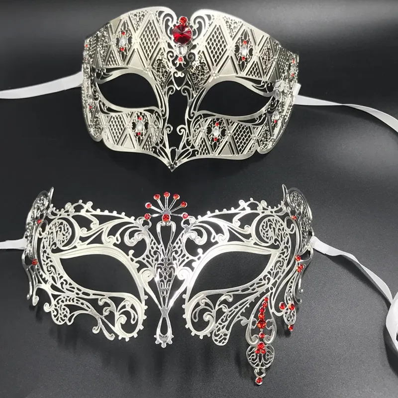Partymasken Silber Rot Phantom Filigrane venezianische Maskerade Liebhaber Paar Masken Set Hochzeit Metall Laser Cut Ball Party Masken Set 230327
