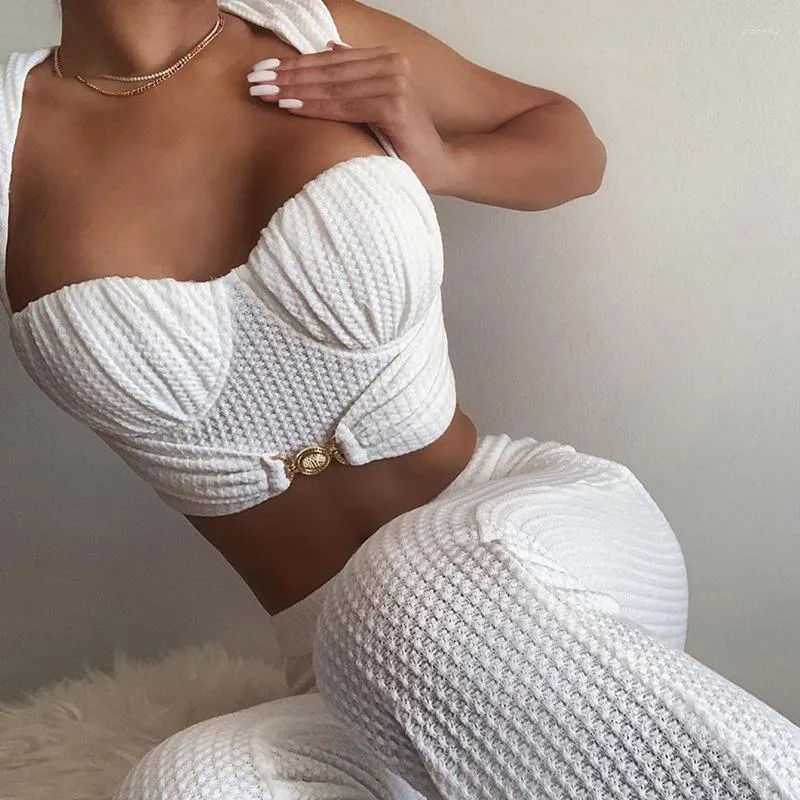 Women's Two Piece Pants Brand Celebrity Elegant White Knit Camisole And Flared Trousers 2 Set Women Fall Casual Street Loose Stretch Solid