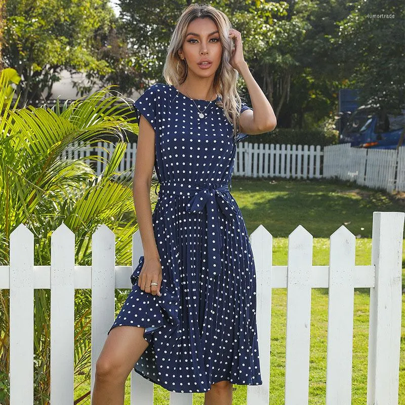 Casual klänningar sommar midi klänning polka dot svart sexig bälte kort ärm 2023 gula sundress semesterkläder för kvinnor