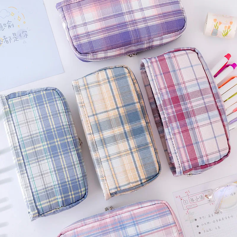 Pencil Bags Stationery Bag Japanese Large -capacity Canvas Pencil Bag Girl Heart Network Red Korean Version of The Plaid 230327