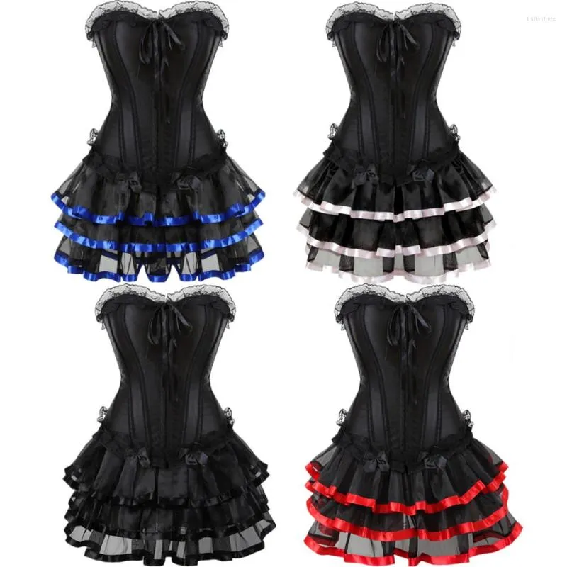 Bustiers & Corsets Gothic Corset Skirt For Women Steampunk Halloween Dress Lace Overlay Corsetto Push Up Boned Clubwear Carnival Costume