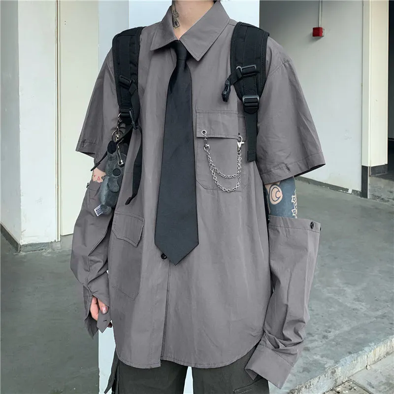 Kvinnor blusar skjortor houzhou grå kvinnor harajuku löstagbar ärm överdimensionerad bf gotisk blus med slips vintage streetwear punk höstskjorta 230327