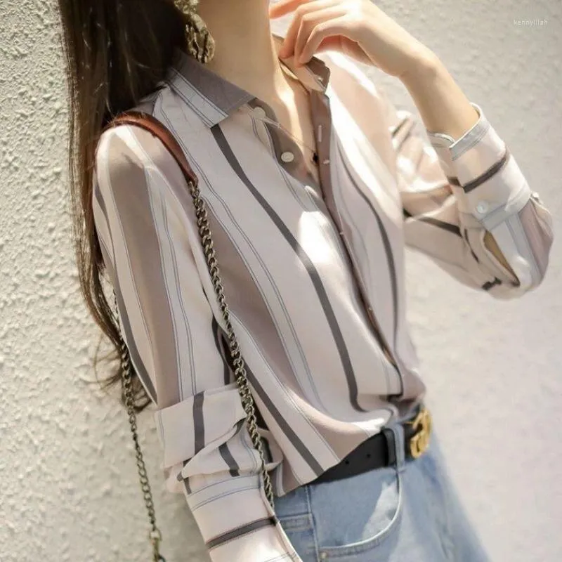 Women's Blouses Autumn Spring 2023 Dameskleding Chiffon Blouse For Women Chemises Femme Stripe Tuniek Elegante Blouselong Sleeve T -stukken