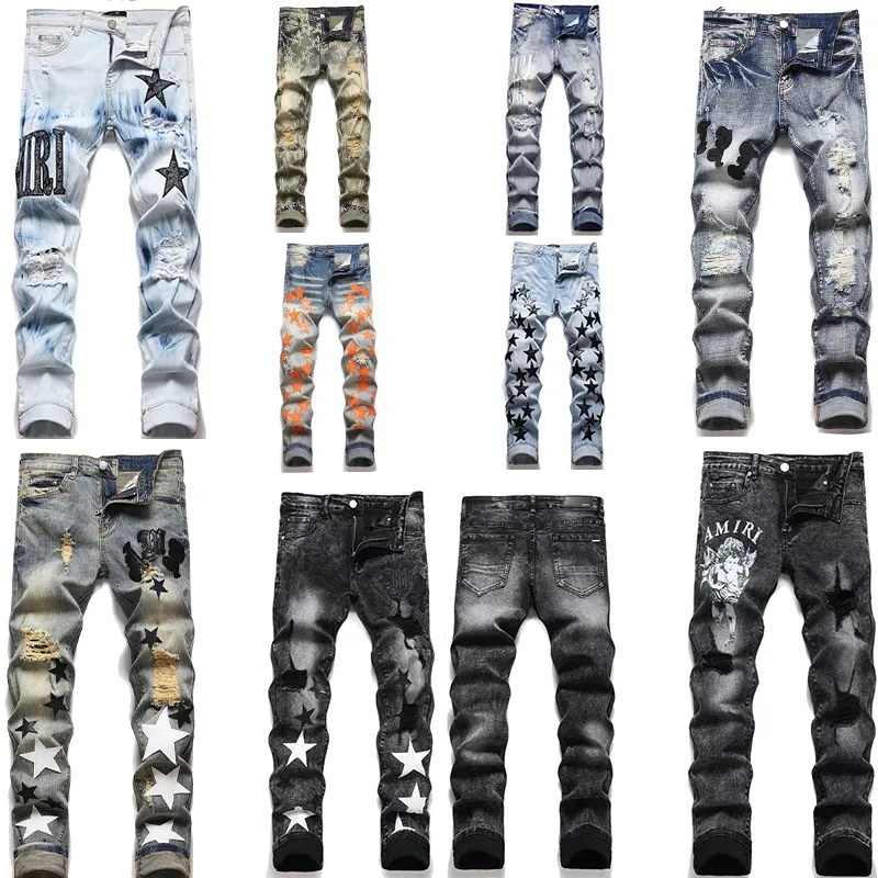 Amirs designer jeans för herr High Street Hole Star Patch Broderade panelbyxor för damer för män stretch slim-fit byxor storlek 29/30/31/32/33/34/36/38