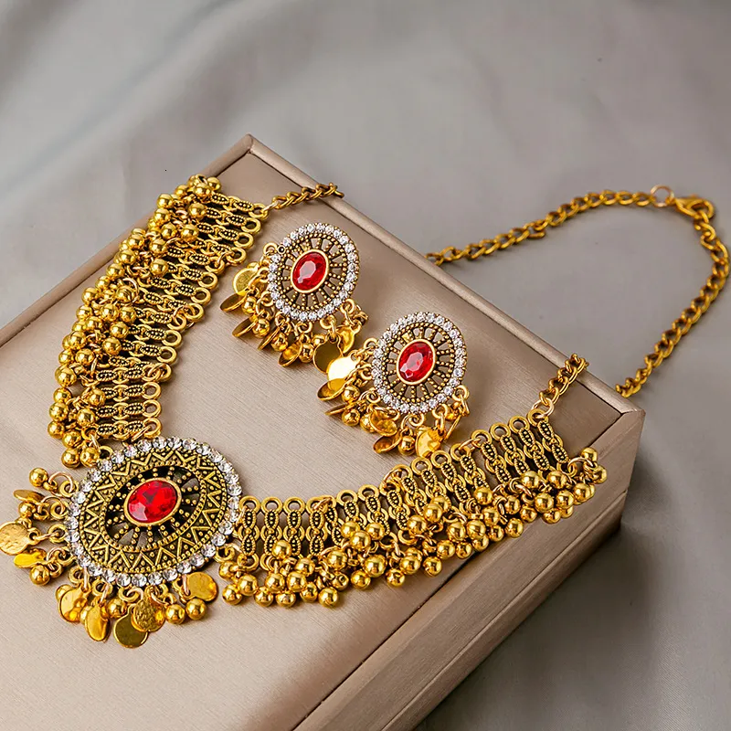Wedding Jewelry Sets Luxury Retro Crystal Bridal Jewelry Sets for Women Ethnic Indian Gold Plated Wedding Necklace Earrings Sets Valentine's Day Gift 230325