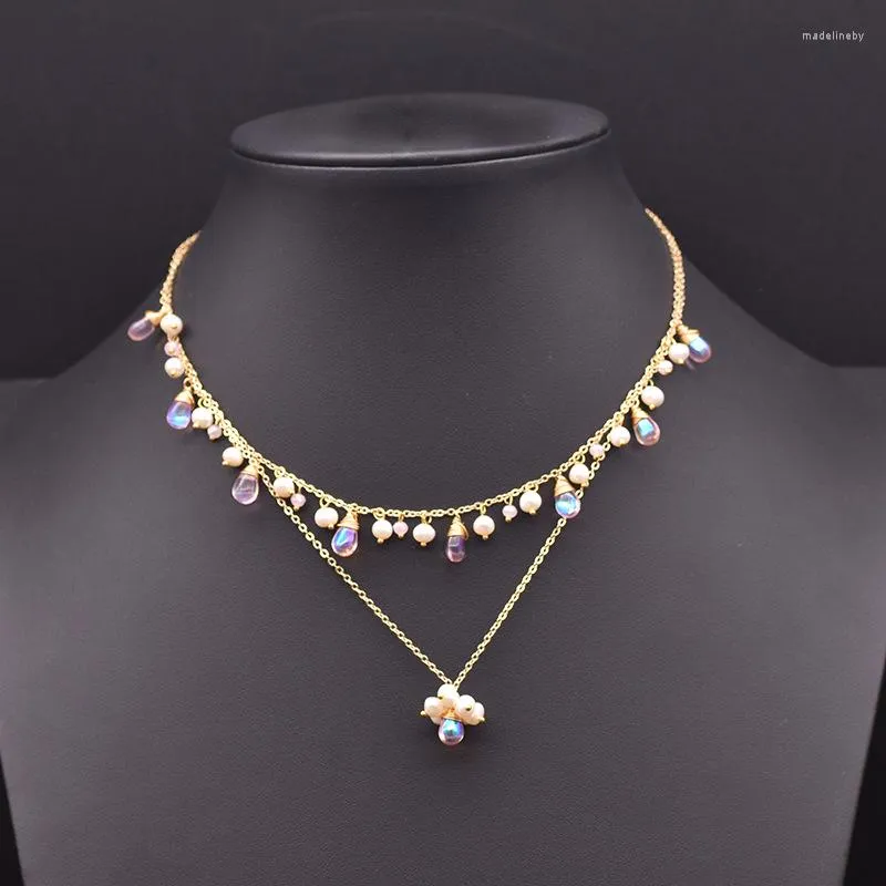 Kedjor Original Natural Pearl Pendant BiB krage halsband för kvinnor bröllop gåva romantisk dubbel tjeckisk glas handgjorda lyxsmycken