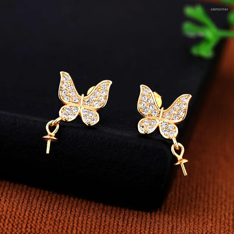 Stud Earrings 925 Sterling Silver 6-13mm Pearl Round Bead Semi Mount CZ Women Butterfly Gold Color Wholesale