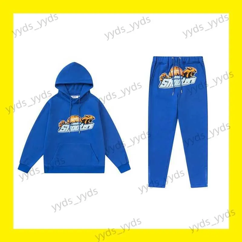 Survêtements pour hommes Trapstar Blue Tiger Serviette Ensemble de broderie Pulls à capuche en peluche Pantalons décontractés de sport à jambes fermées T230327