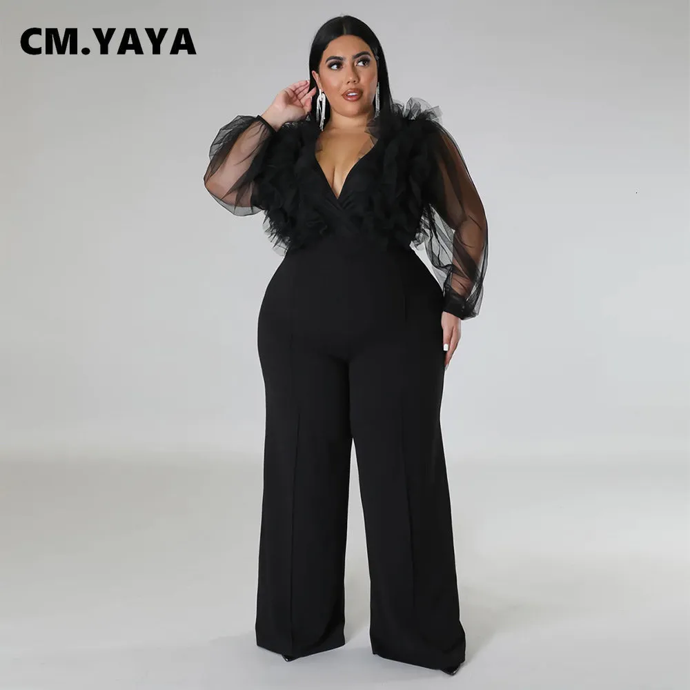 Plus Size Jumpsuits for Women Mesh Ruffles Wrap V Neck Wide Leg Rompers