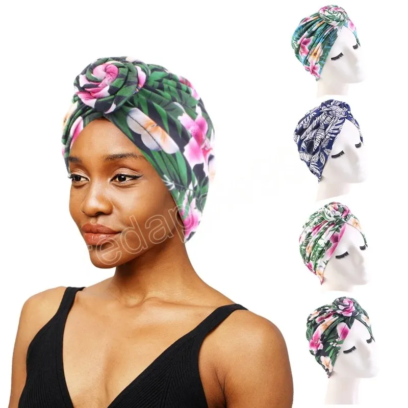 Moda Donna Turbante Caps Stampa floreale Nodo pre-legato Copricapo Musulmano Hijab Copricapo islamico Beanie Bonnet Hat Accessori