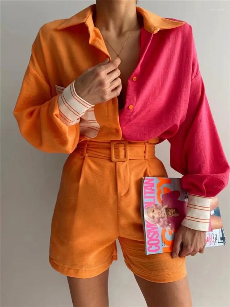 女性用ブラウス女性カジュアルルーズローズレッドパッチワークシャツ2023春のファッション長袖ストライプシャツ女の子特大の非対称