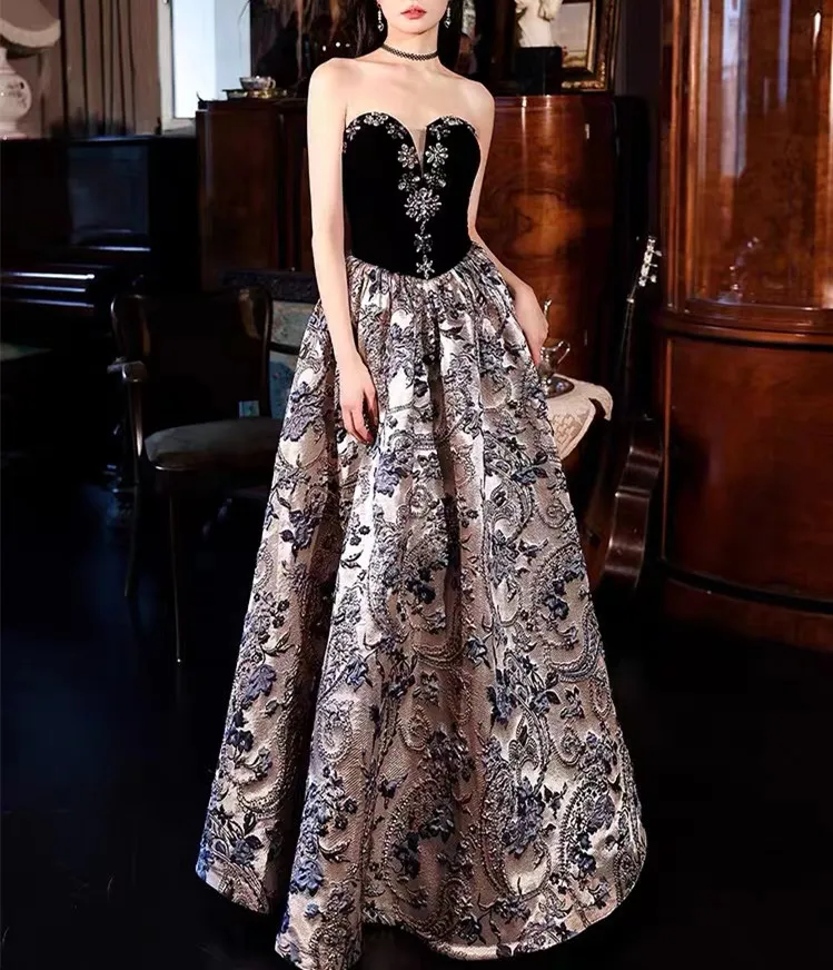 Glitter Black Sweetheart A-line Prom Dress Black Evening Gown Y7356