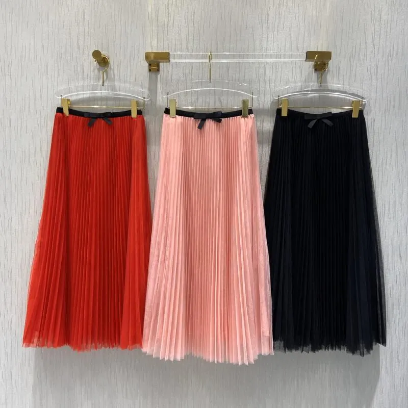 Skirts 2023 Ladies Fashion Sexy Solid Color Bow Pleated Net Yarn Long Skirt 0315