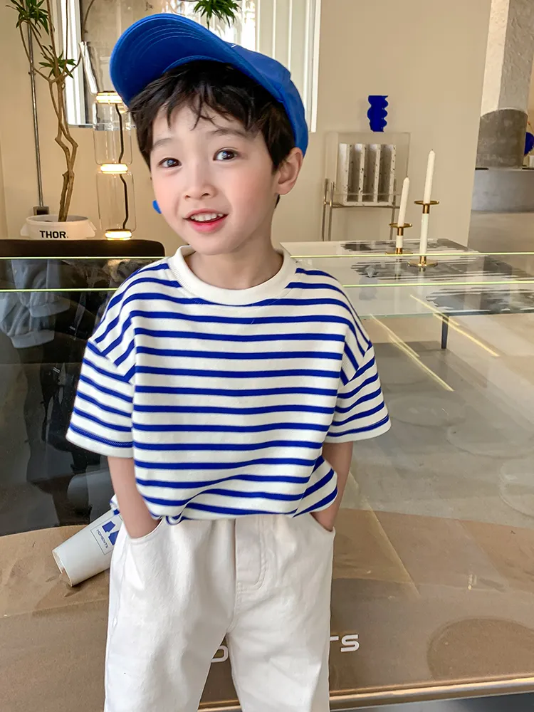 T-shirts Children's Clothing Boy's kortärmade t-shirt Summer Fried Street Fashion Cotton Striped Boys All-Match Casual T-Shirt 230327