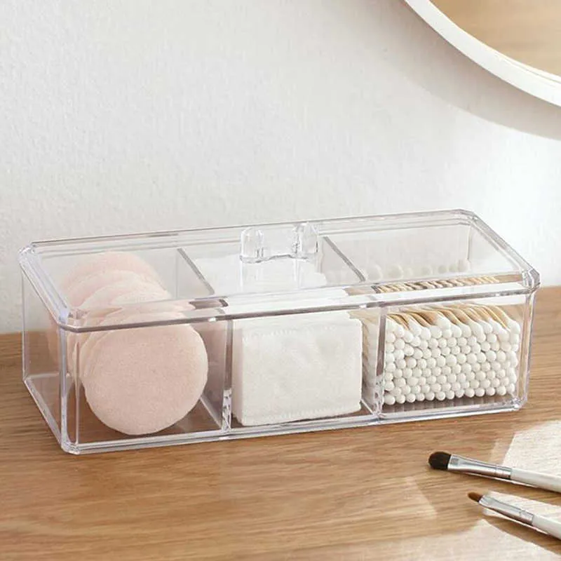 Boîtes de rangement Bacs Boîte de rangement cosmétique transparente Organisateur de maquillage Coton-tige tricolore Boîte de rangement en tampon de coton Matériel acrylique de bureau P230324