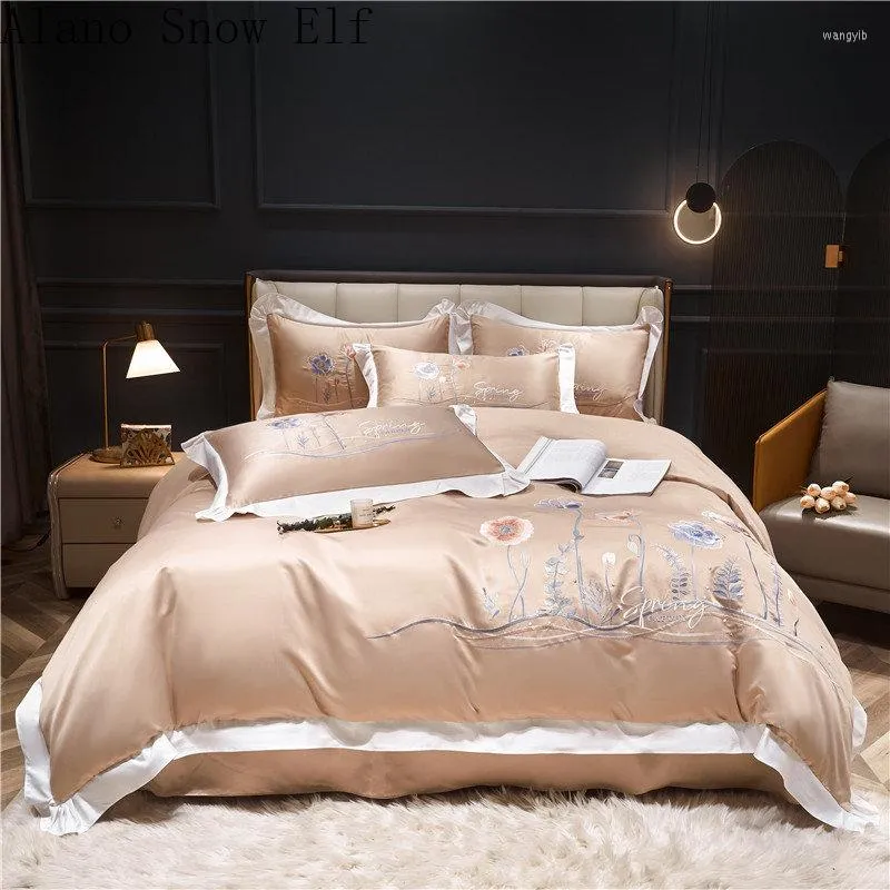 Sängkläder sätter 2023 bomullsskönhet hem sovrum set broderi täcker platt bäddsäng för vuxen Edredom King Grey