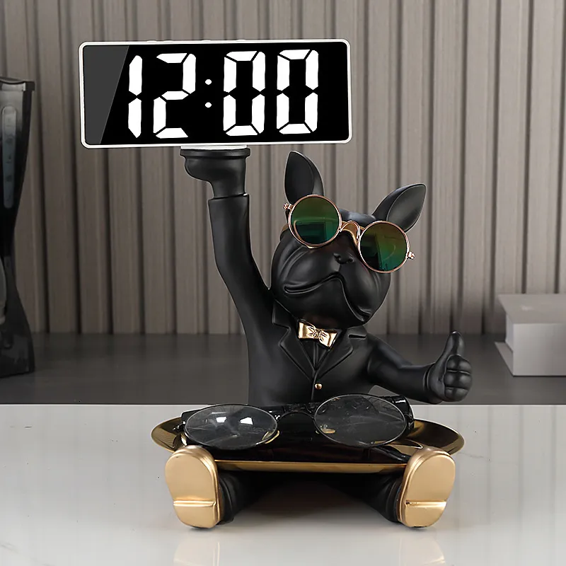 Rumdekorskulptur Dog French Bulldog Butler med Alarm Clock Metal Tray Table Decoration Statue för Live Bulter 230327