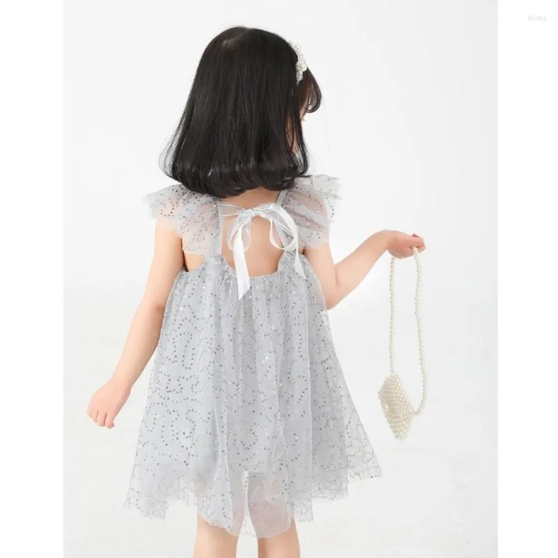 Girl Dresses Fairy Girls Silver Grey Sequin Dress For Children Ruffles Beach Fresh Clothing Kids's Bling Shiny Sundress
