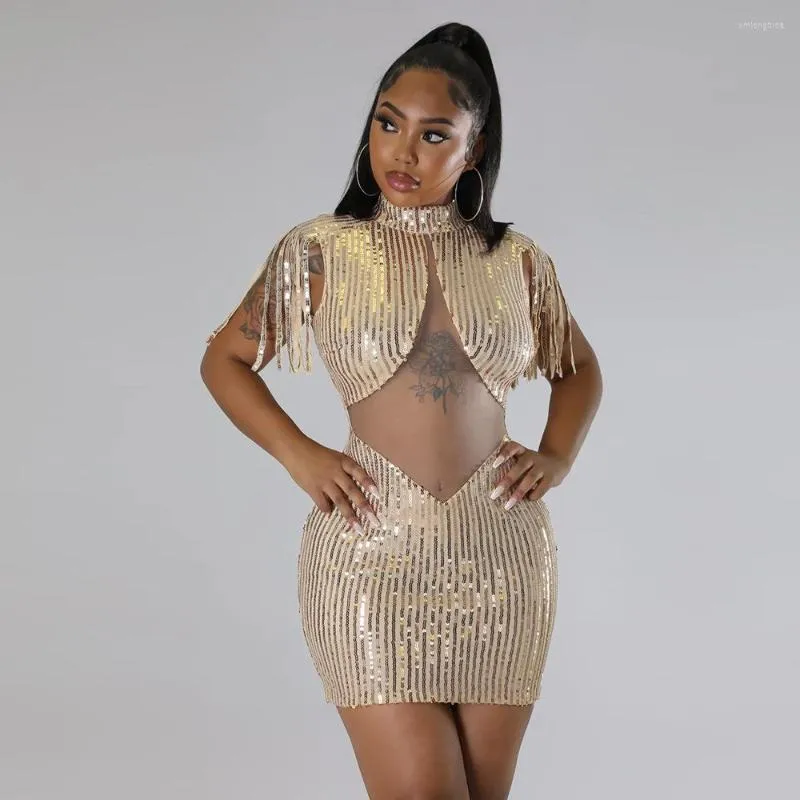 Casual Dresses 2023 Embellished Sequin Mesh Fringed Birthday Party For Women Bodycon Mini Dress Sexy Evening Club Wear