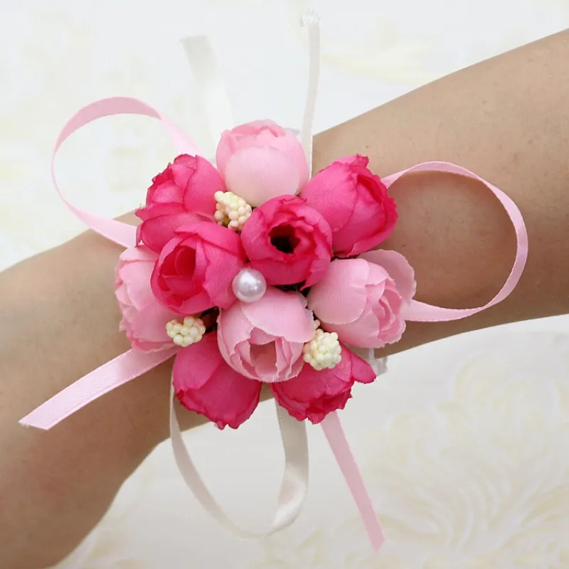 Corpetto di fiori da polso da sposa Fiori da damigella d'onore a mano Pallone da sposa Fiore da polso in seta artificiale
