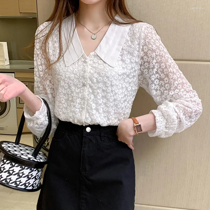 Women's Blouses 2023 Spring Chic Embroidery Hollow Crochet Floral Blouse Lace Long Sleeve Women Tops Doll Collar Lapel Splicing Shirt