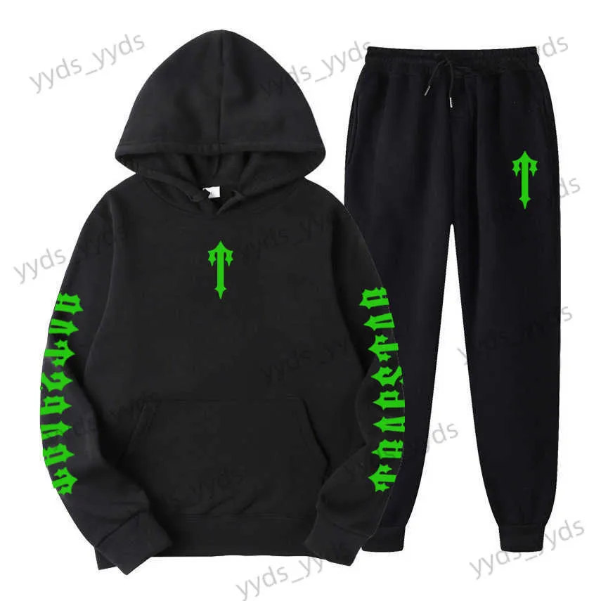 Tracksuits masculinos 2023 novas letras trapstar impressas homens e mulheres conjunto de esportes casuais com capuz moda cápsula conjunto t230327