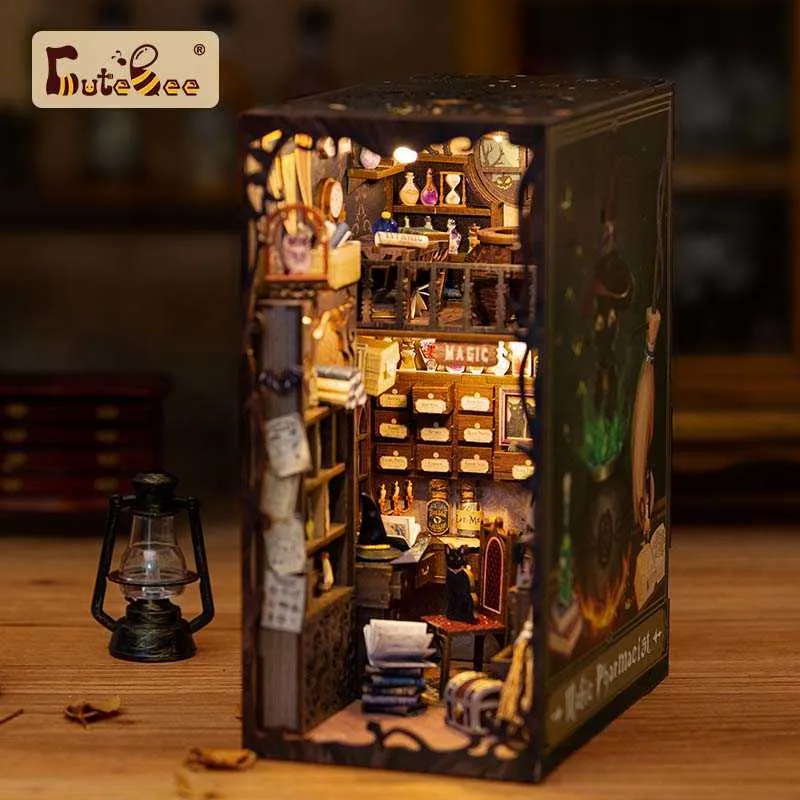 Architecture bricolage Miniature maison de poupée livre Nook Kit lumières tactiles avec meubles pour cadeaux de noël pharmacien magique