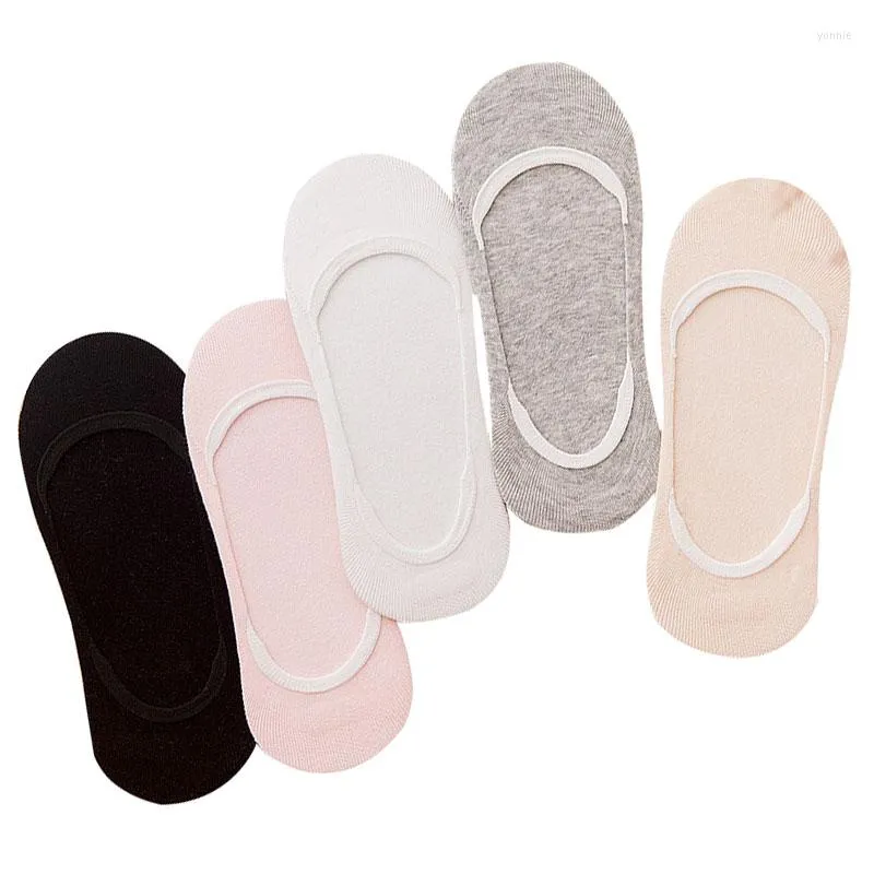 Femmes chaussettes 5 paires Invisible été antidérapant Silicone respirant filles bateau chaussette Meias couleur unie mignon femme coton Sox