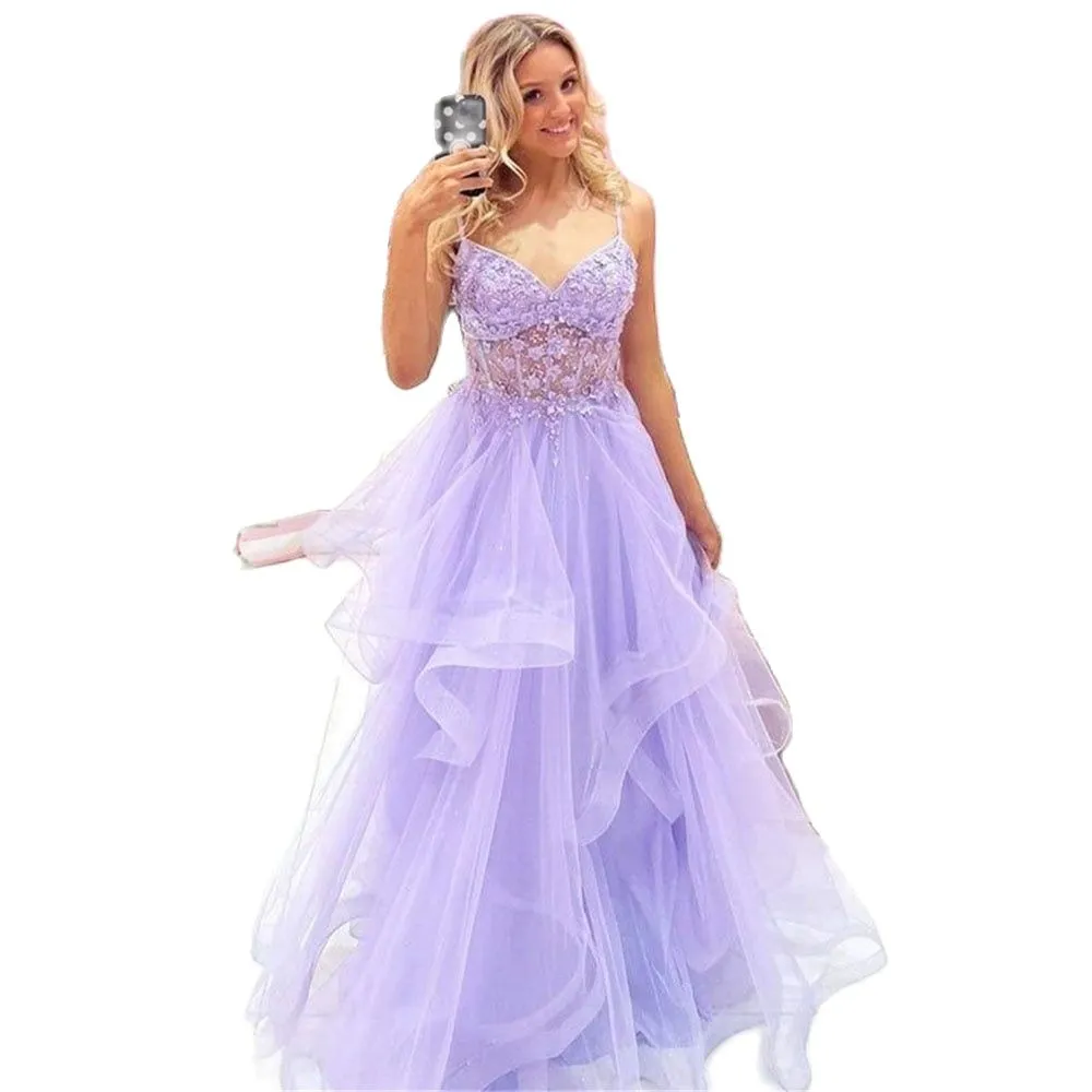 Spaghetti Strap Lilac Prom Dresses 3D Floral Lace Ruffles Graduation Party Dress Ball Gown Tulle Junior Birthday Vestidos De Novia 326 326