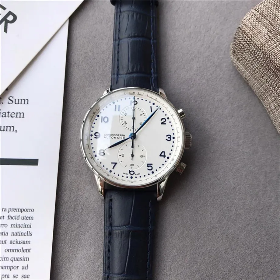 NOWOŚĆ Chronograph Men Watch 3 Wysokiej jakości zegarek wysokiej jakości 41 mm Portugyser Mechaniczne męskie zegarek stalowy obudowa skórzany pasek sportowy 276V