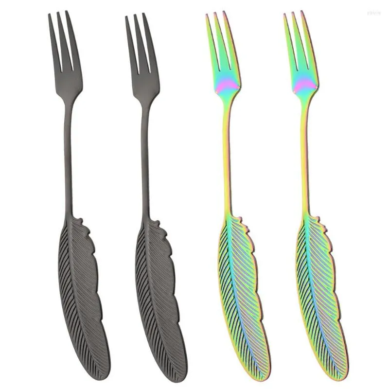 Zestawy zastawy stołowej Czarne sztućce 304 Stal nierdzewna 2PCS Cake Fruit Frok Spoon Creative Feather Children Mini Fork Western Kitchen Zestaw