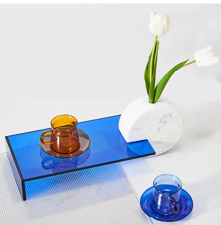 Vases accessoires de décoration pour la maison Vase en marbre rond blanc créatif avec plateau en acrylique bleu chambre bureau bureau artisanat ornements cadeau