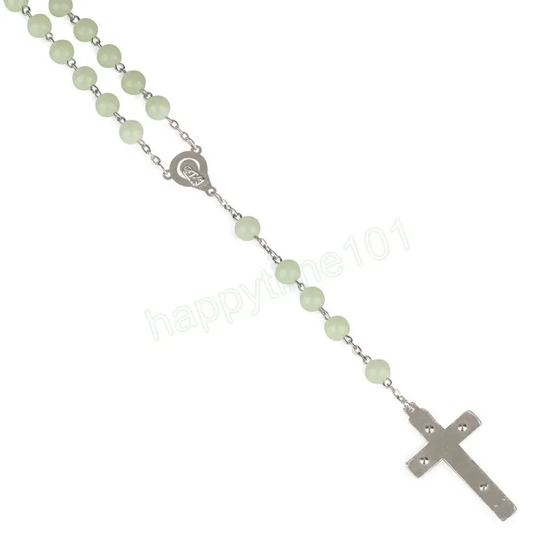 8MM Glow In The Dark Rosary Bead Chain Necklaces For Women Cross Pendant luminous Necklace Religious Jewelry