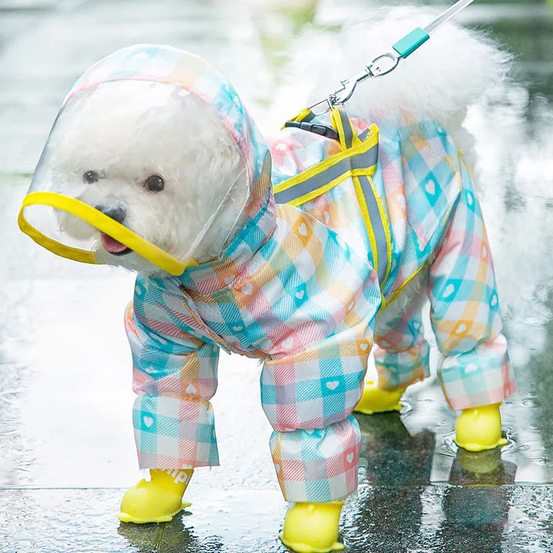 Hundebekleidung Haustier-Hunde-Regenmantel, karierter Regenmantel, Zugseil, große Krempe, Haustier-Poncho, vierbeinige All-Inclusive-Reflektionskleidung für kleine Hunde, 230327
