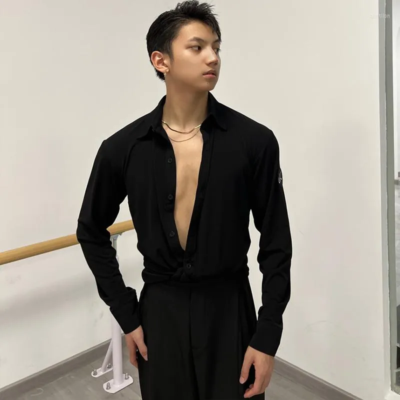 Scene Wear Latin Dance Tops Men Long Hermes V Neck Black Shirts Ballroom Performance Costume Male Cha Dancewear DNV17467