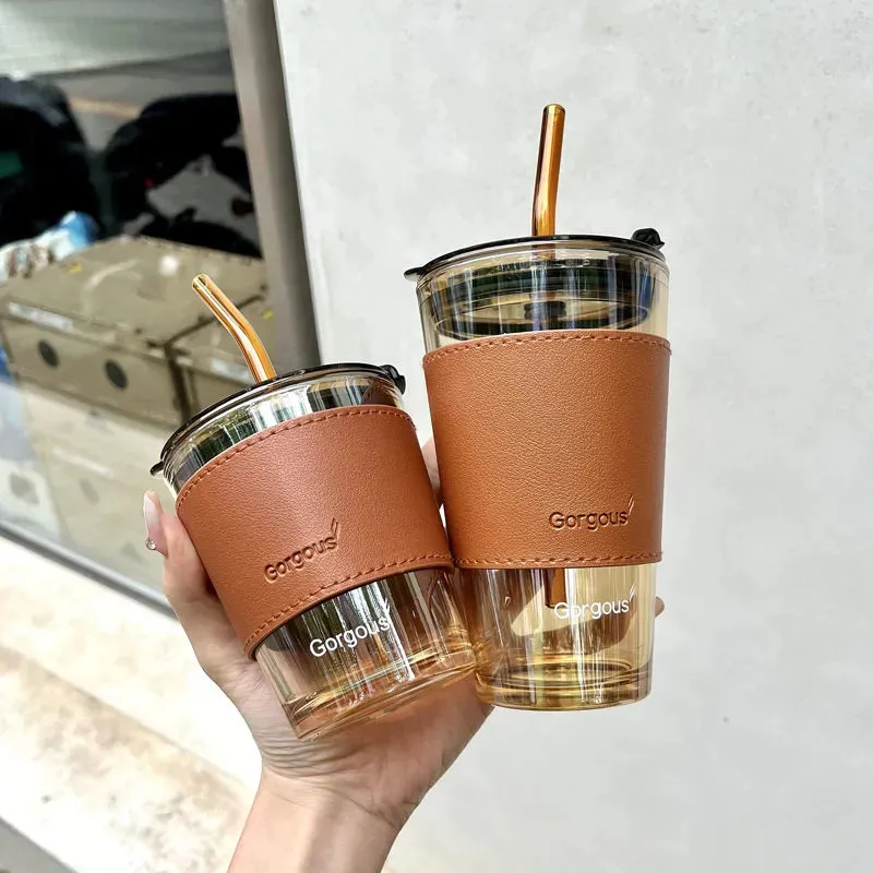 Mugs 350ml 450ml Coffee Glass With Lid and Straw Leatherwear Heat Resistant Cup Beer Tea Drinkware Crystal 230327