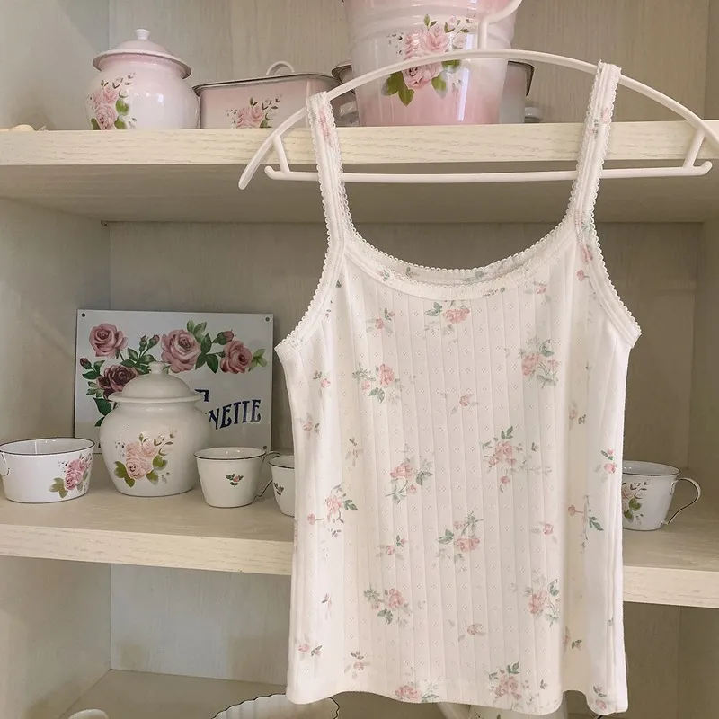 Camisoles Tanks Cotton Crop Top Women Summer Camis Floral Knitted Camis Hollow Out Cute Tops Sweet Girl Lolita Style Aesthetic Kawaii Clothes 230327