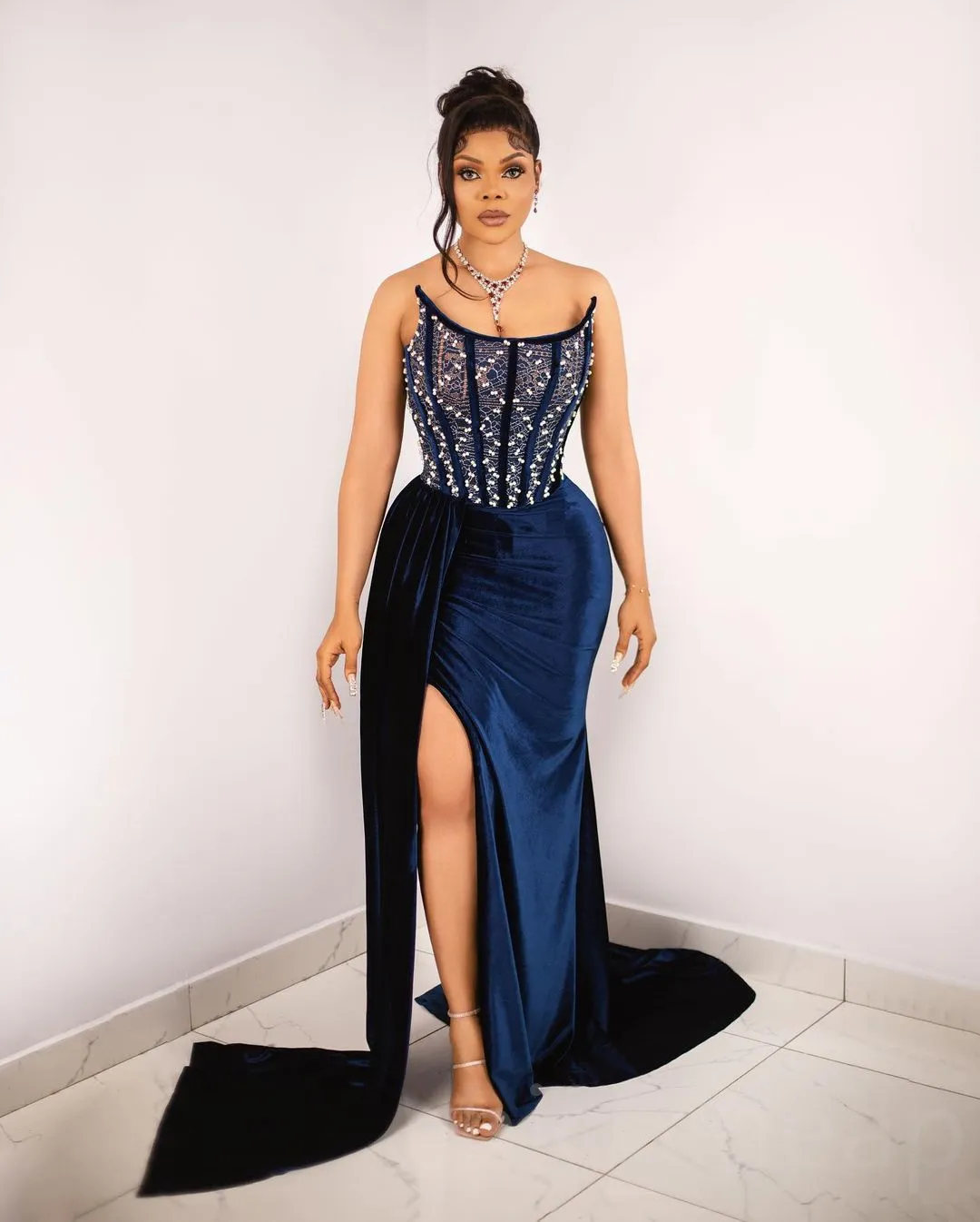 2023 arabe Aso Ebi bleu marine robes de bal dentelle perlée sirène soirée formelle fête deuxième réception anniversaire fiançailles robes de demoiselle d'honneur robe ZJ2204