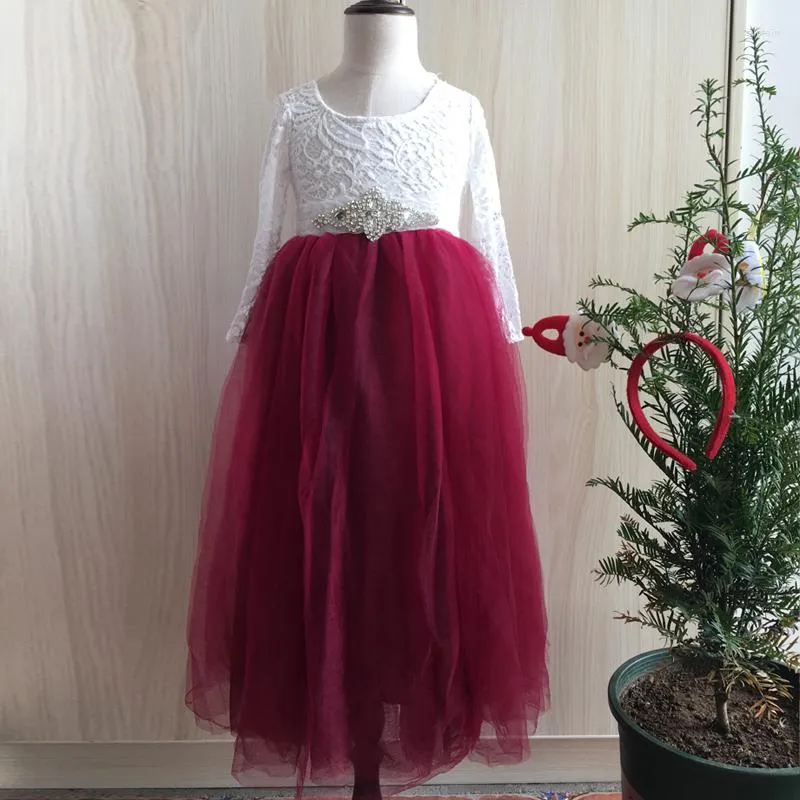 Fille robes enfants noël Maxi longue robe avec ceintures fête moelleux Tulle dentelle enfant en bas âge pleine manches Vestido