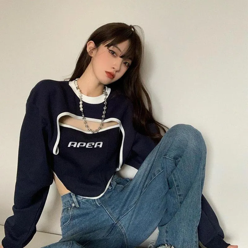 Womens Hoodies Sweatshirts HOUZHOU Vintage Kpop Women Y2k Streetwear Pullover Aesthetic Korean Fashion Cropped Sweatshirt Female Harajuku Hippie 230327